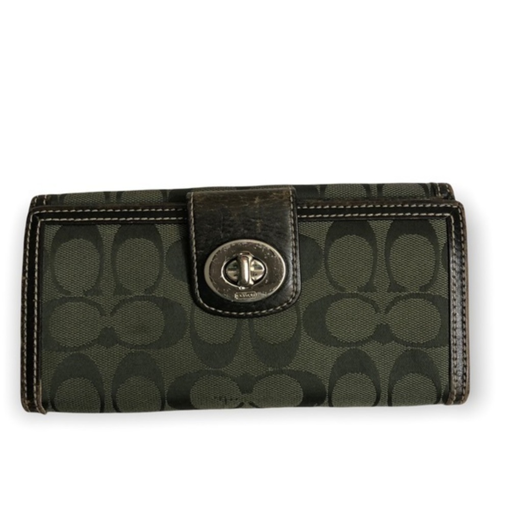 Coach green leather and jacquard turnlock wallet